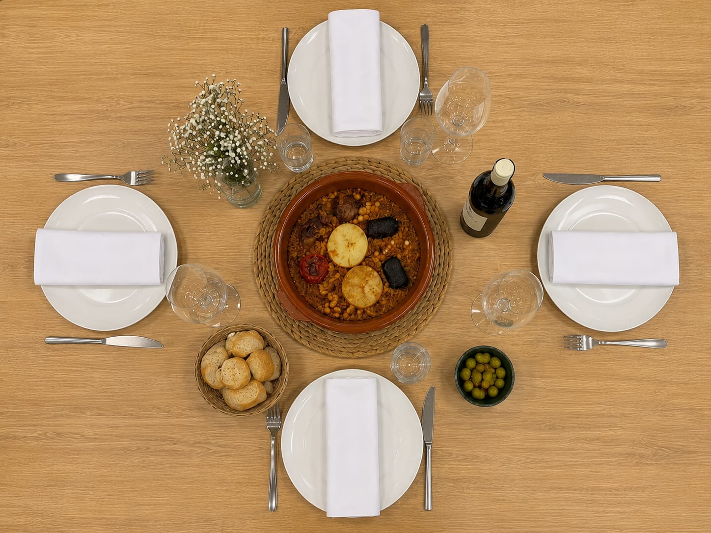 Taula parada amb cassola, plats i vi a A la Taula i al Llit, Muro de Alcoy